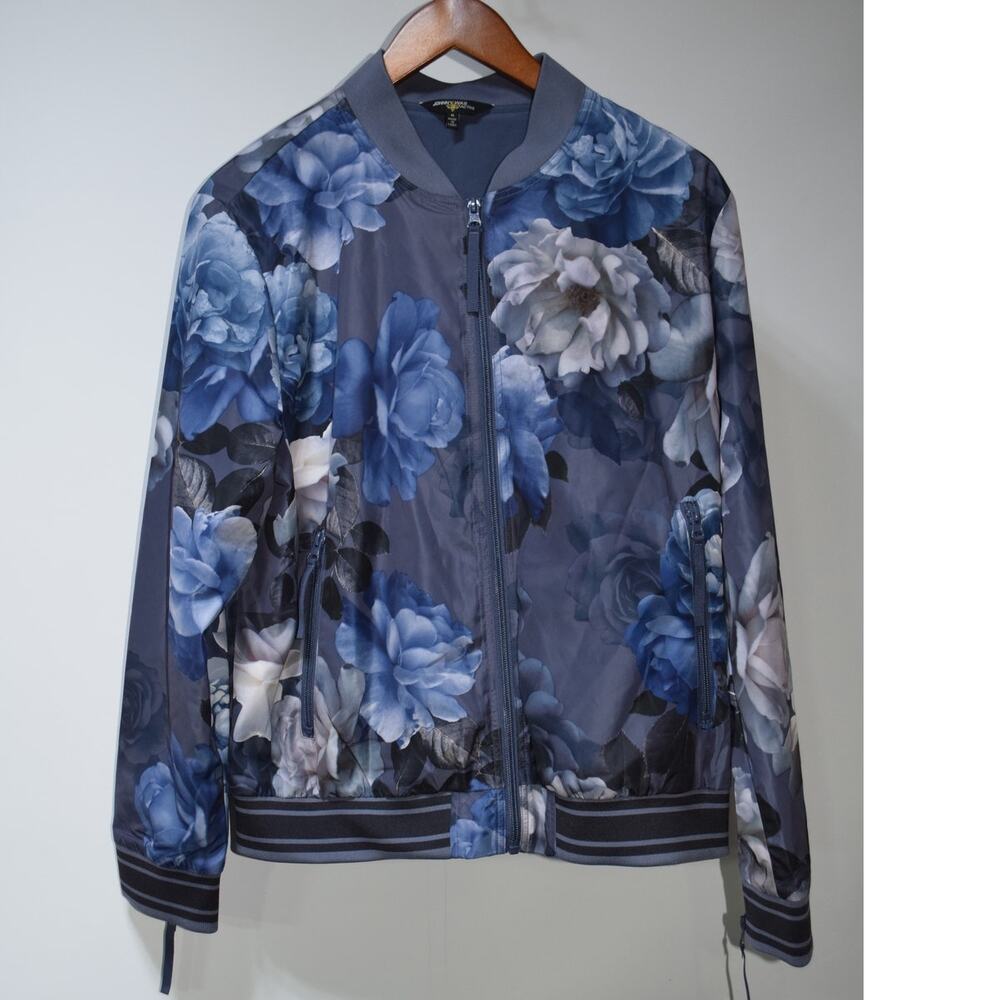 Johnny Was Active Blue Floral Bomber Jacket Full Zip Women Medium Athletic Luxe